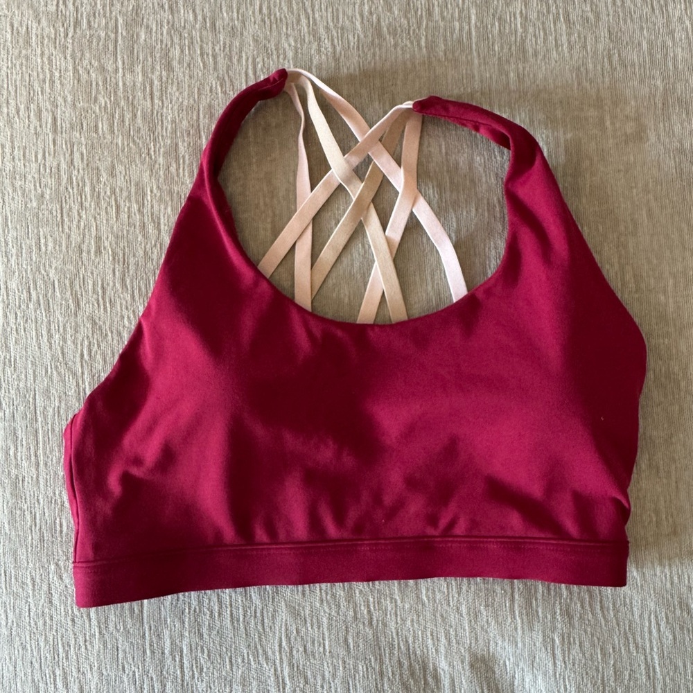 Fabletics Strappy Back Sports Bra — Burgundy Wine Pink Criss Cross Medium